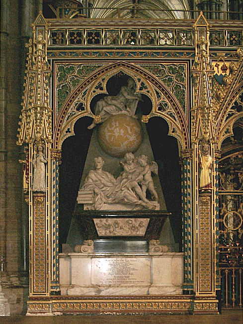 la tomba di Isaac Newton nell'abbazia di Westminster eseguita nel 1731 da Michael Rysbrack su disegno di William Kent