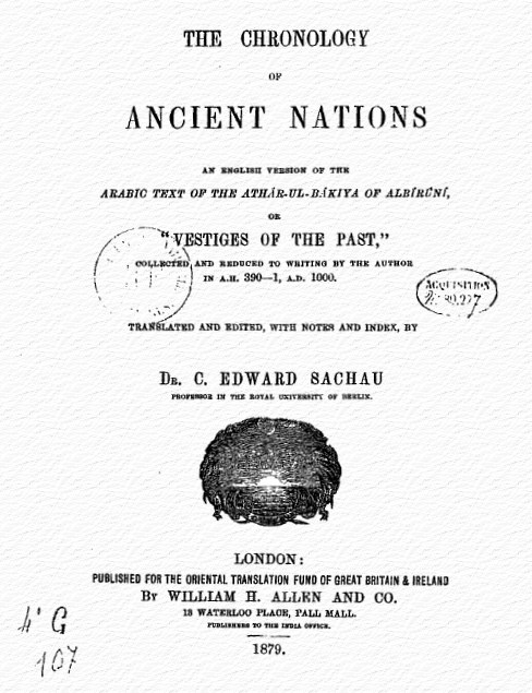 il forntespizio del Trattato di Al Biruni tradotto in Inglese nel 1879