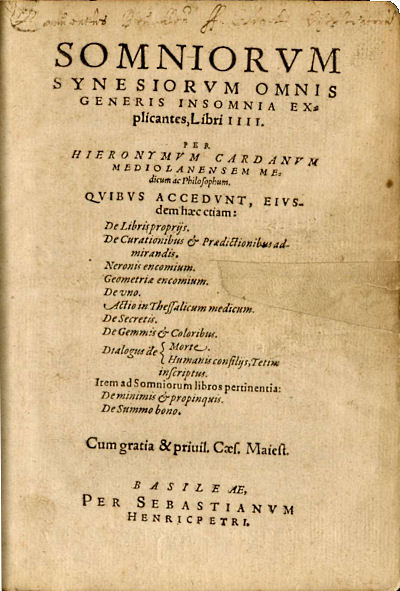 frontespizio del Synesiorum somniorum libri IIII di Gerolamo Cardano del 1585