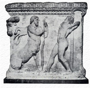 Chirone e Achille raffigurati nel sarcofago di Atella rinvenuto nel 1740 e attualmente esposto al Museo Nazionale di Napoli