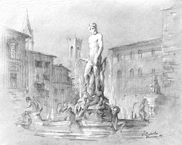 la Fontana del Nettuno in un disegno di Igor Babilov