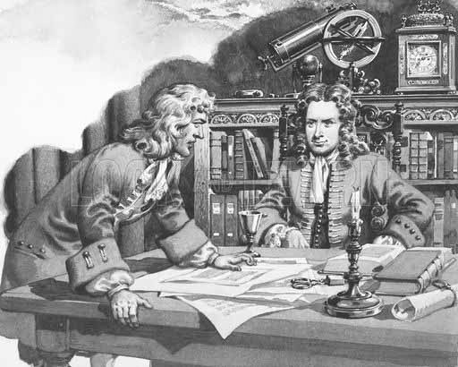 Isaac Newton e Edmond Halley che disquisiscono in un disegno