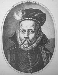 Ritratto di Tycho Brahe. Si puo' osservare il naso danneggiato durante un duello e ricostruito con una protesi in oro argento e soprattutto rame